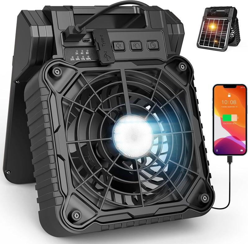 JINLICTE Solar Camping Fan with LED Lantern, 10400mAh 10W Solar Panel fan, Quiet Battery Operated Tent Fan for Picnic, Barbecue, Fishing, Travel - Image 1